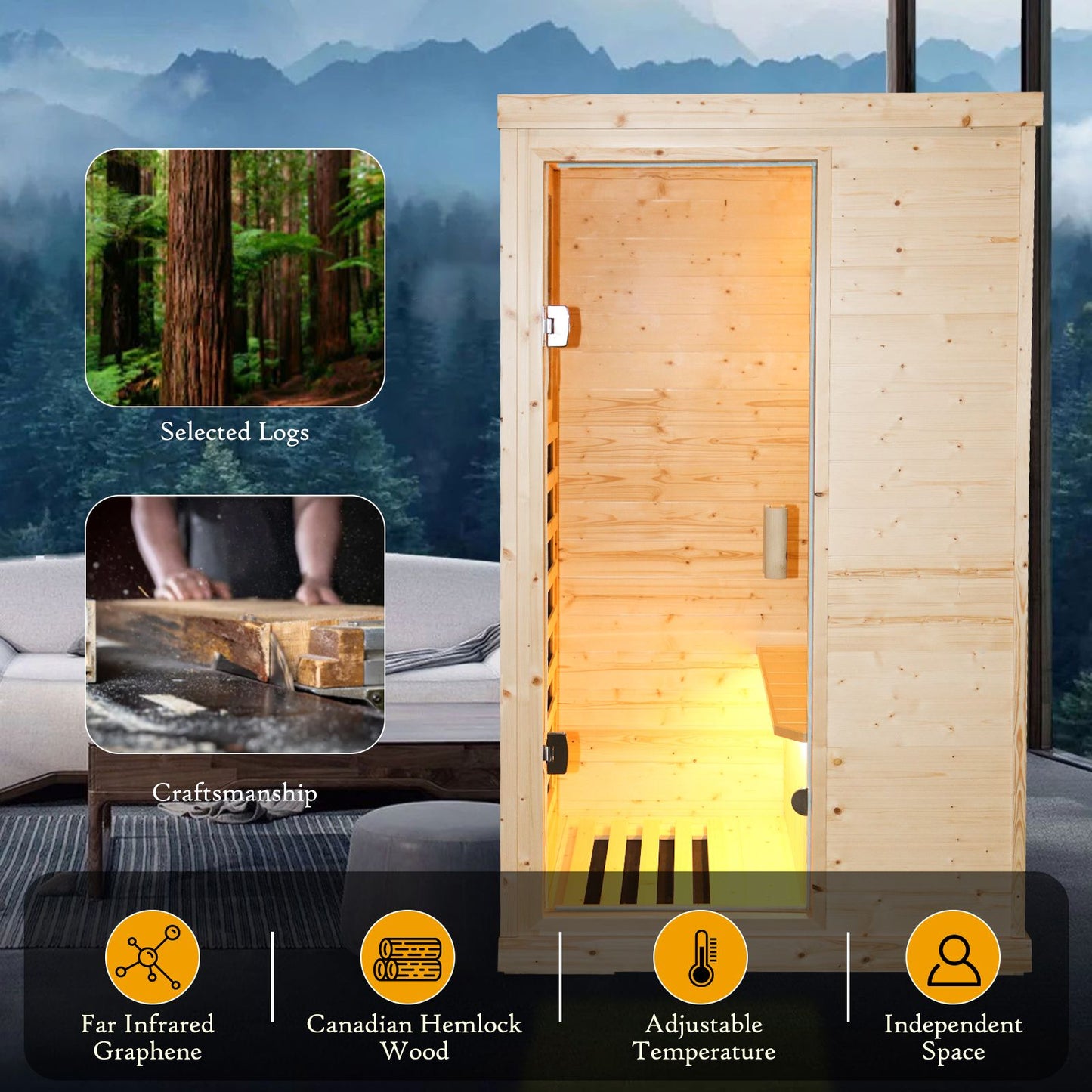 900W Single Person Spruce Far Infrared Sauna, Bluetooth Music
