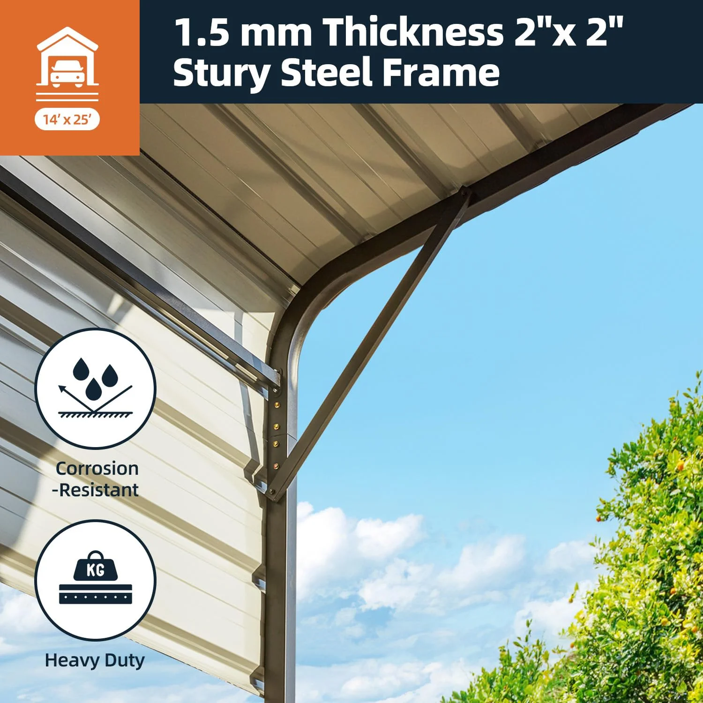 14×25 FT RV Metal Carport, 12.8 FT Peak High, 2x2 Inch Galvanized Steel Frame