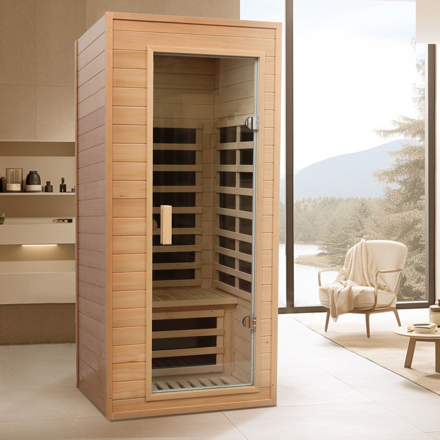 Hemlock One-Person Far Infrared Indoor Sauna, 1290W, Bluetooth, LCD Control
