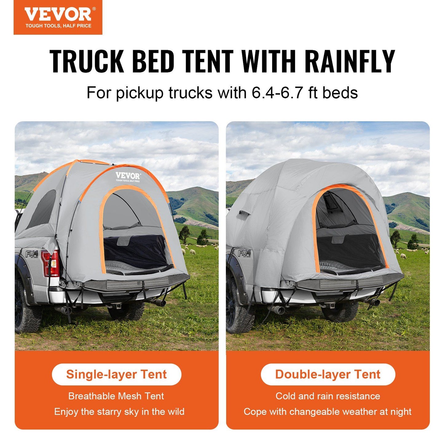 Pickup Truck Tent, Waterproof & Bug-Proof, Fits 6.4-6.7ft Beds, Heavy-Duty with Family Space