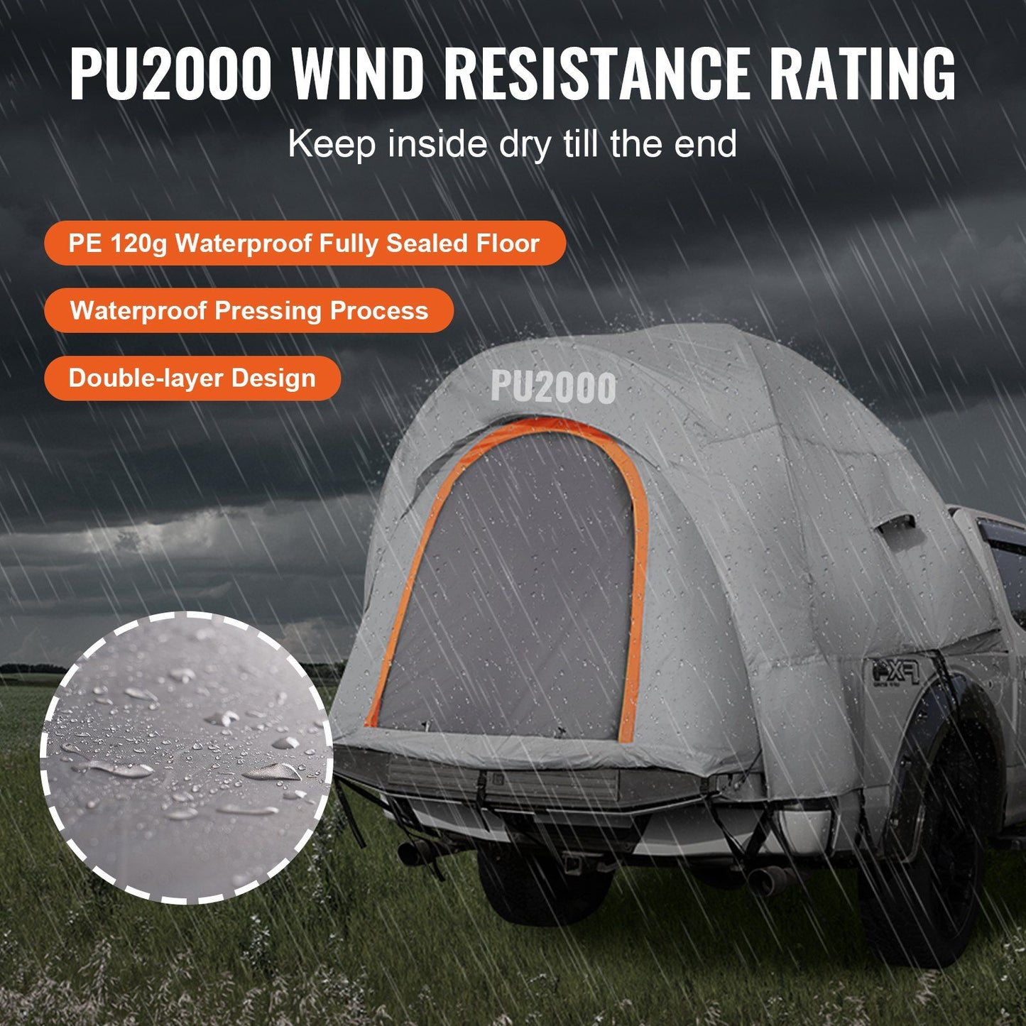 Pickup Truck Tent, Waterproof & Bug-Proof, Fits 6.4-6.7ft Beds, Heavy-Duty with Family Space