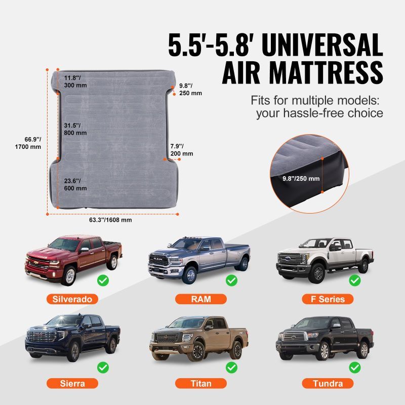 Truck Bed Air Mattress, 5.5-5.8ft Fit, Inflatable Mattress for Camping & Outdoor Use