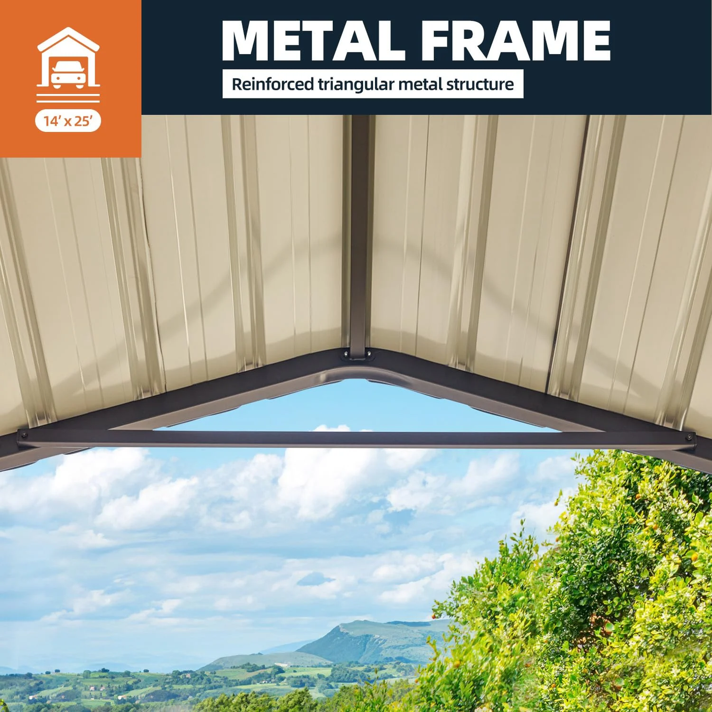 14×25 FT RV Metal Carport, 12.8 FT Peak High, 2x2 Inch Galvanized Steel Frame