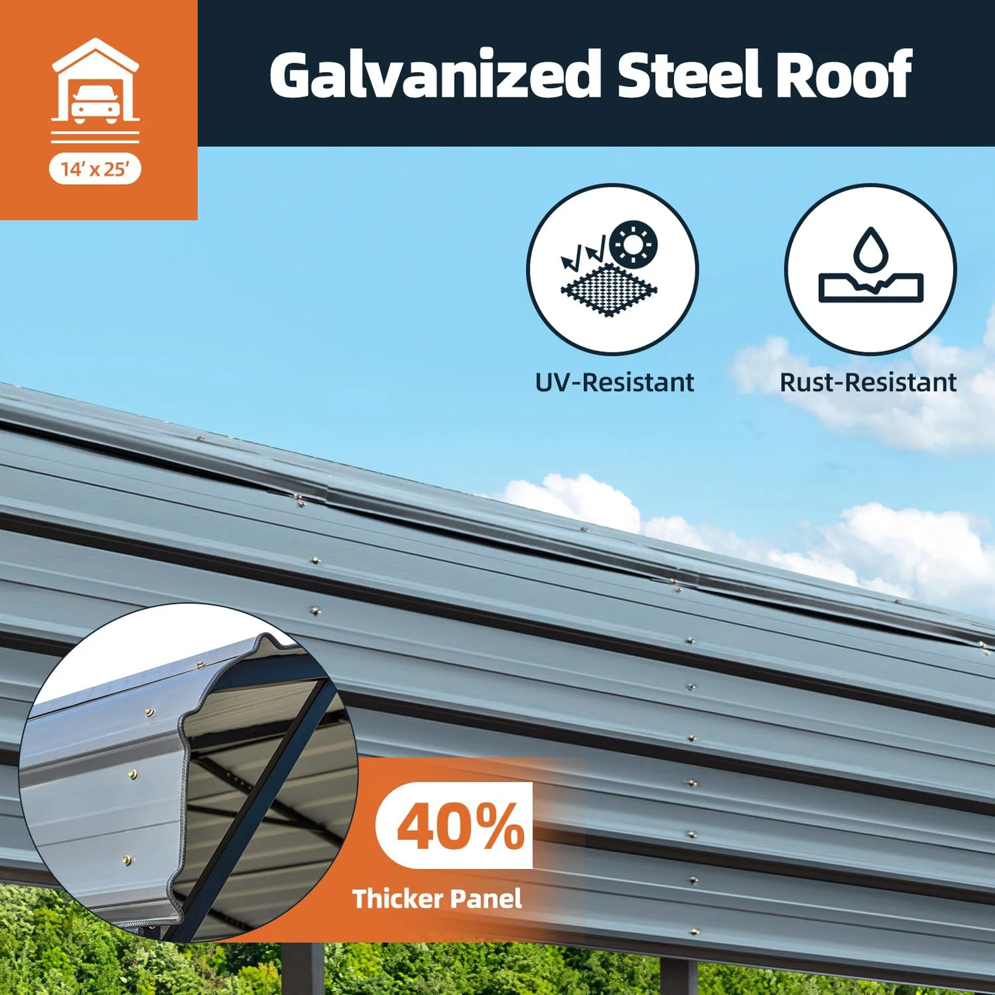 14×25 FT RV Metal Carport, 12.8 FT Peak High, 2x2 Inch Galvanized Steel Frame