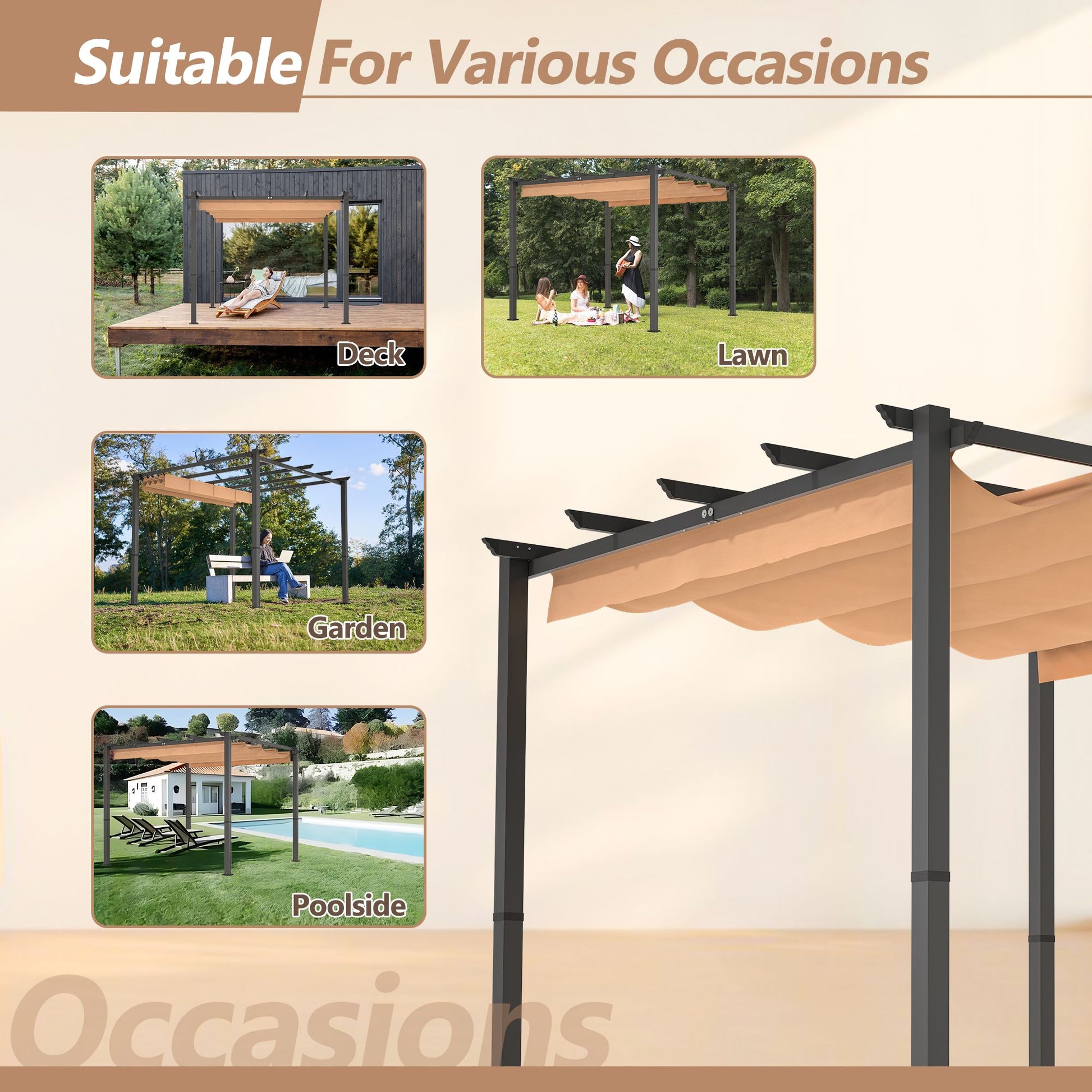 10' x 10' Aluminum Patio Pergola – Retractable Canopy, Shade Shelter