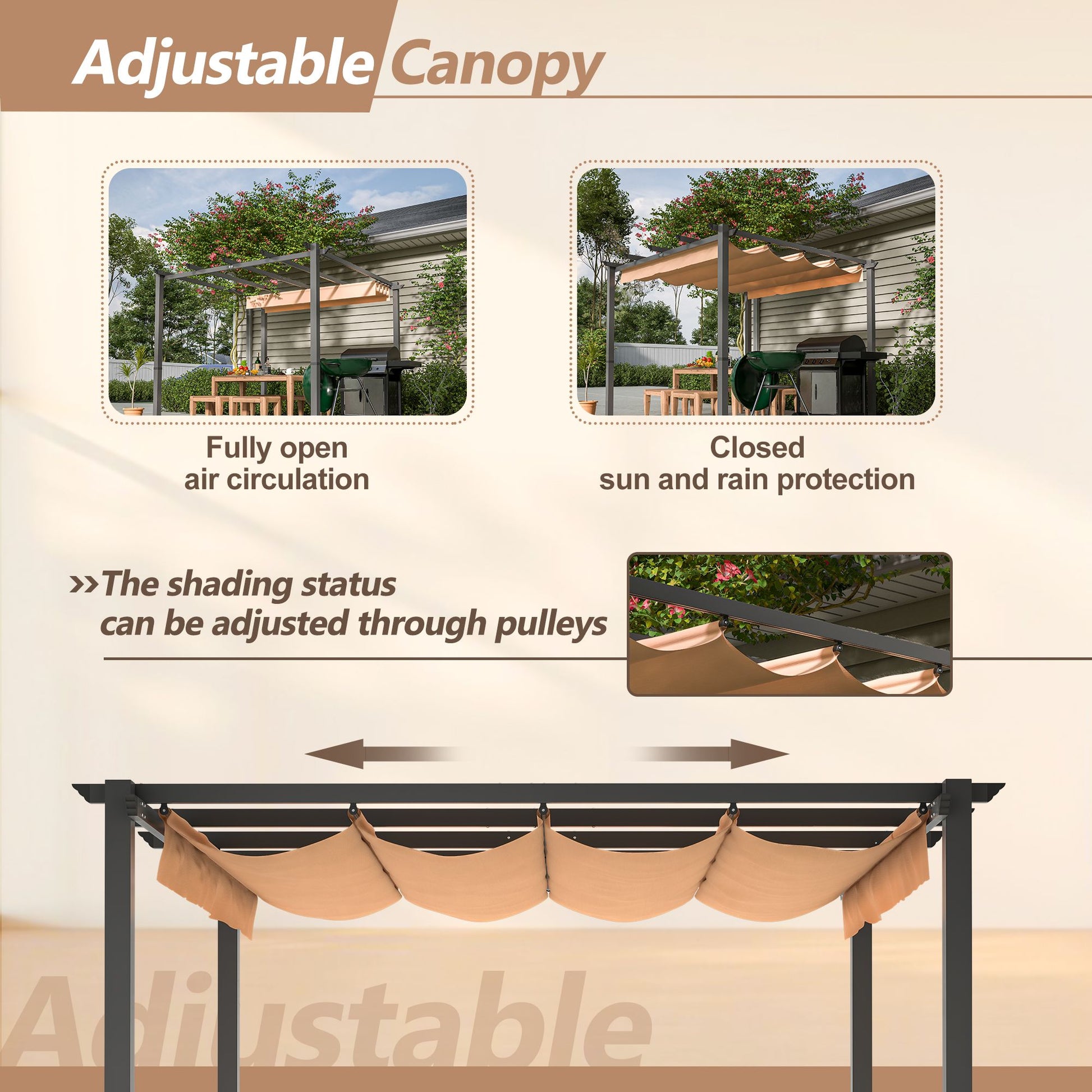 10' x 10' Aluminum Patio Pergola – Retractable Canopy, Shade Shelter