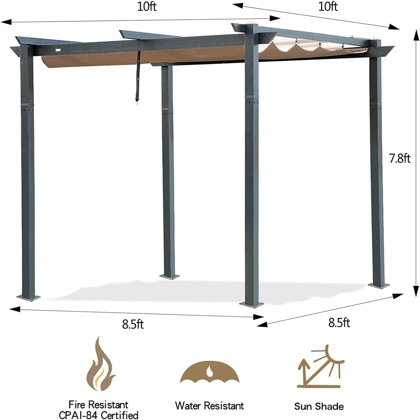 10' x 10' Dark Gray Aluminum Retractable Pergola – Adjustable Weather-Resistant Canopy, Outdoor Garden & Patio Shelter