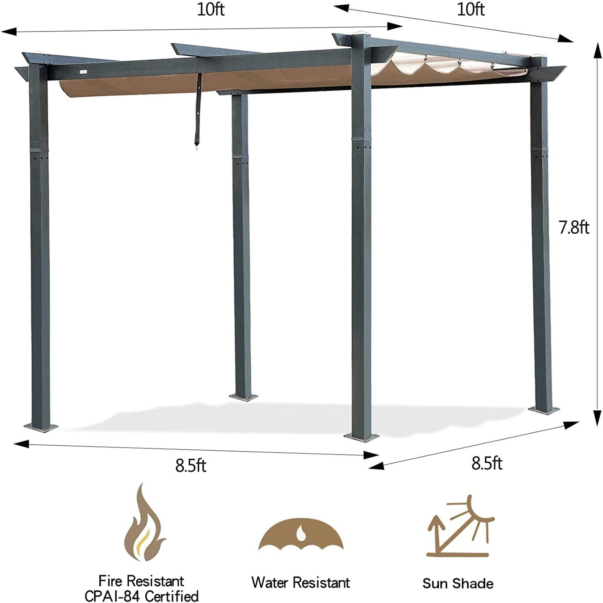10' x 10' Dark Gray Aluminum Retractable Pergola – Adjustable Weather-Resistant Canopy, Outdoor Garden & Patio Shelter