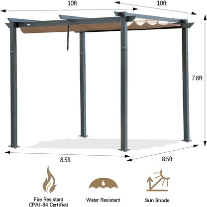 10' x 10' Dark Gray Aluminum Retractable Pergola – Adjustable Weather-Resistant Canopy, Outdoor Garden & Patio Shelter