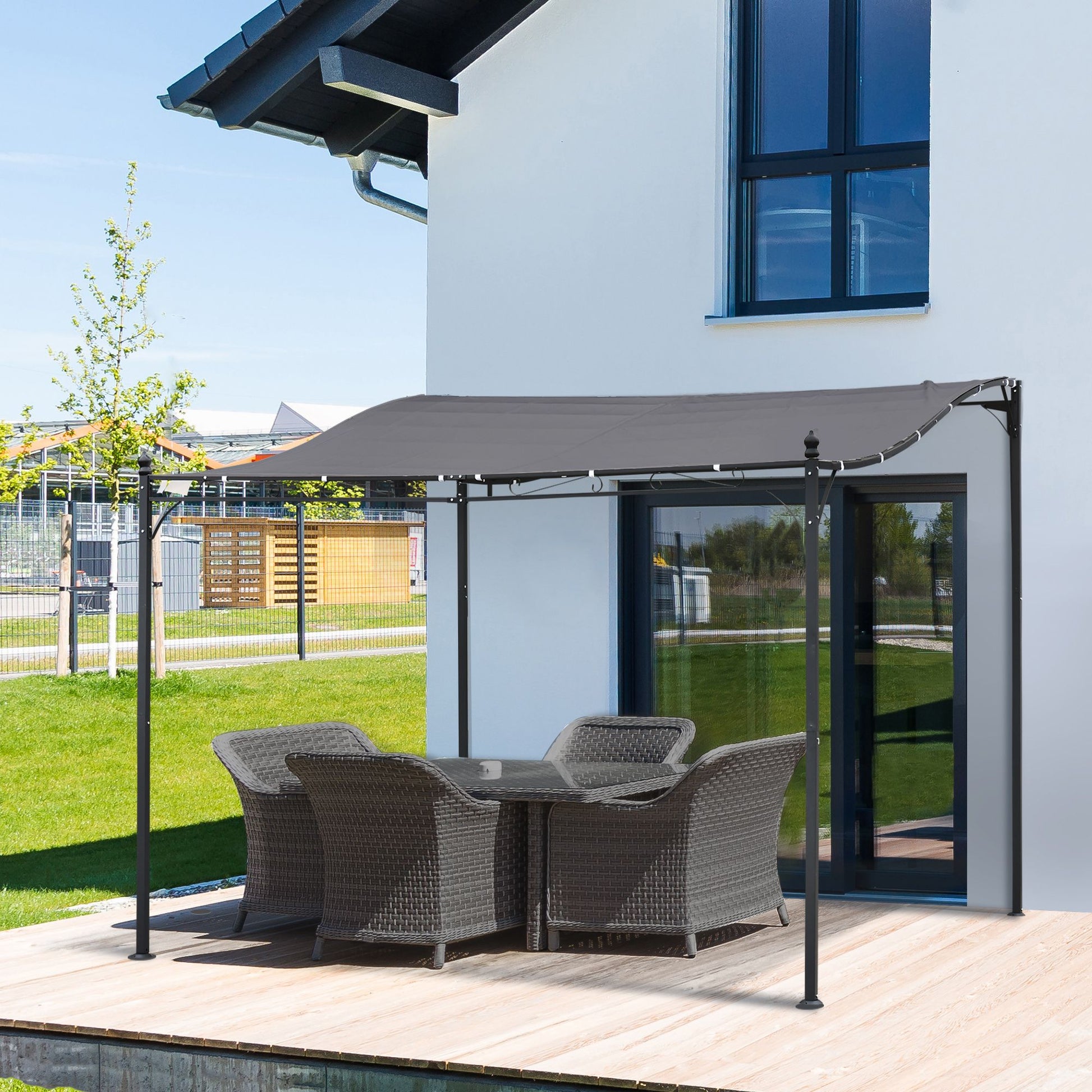 10' x 10' Gray Steel Outdoor Pergola – Patio Canopy with Weather-Resistant Fabric, Drainage Holes, Powder-Coated Steel Frame for Backyard & Pool Deck