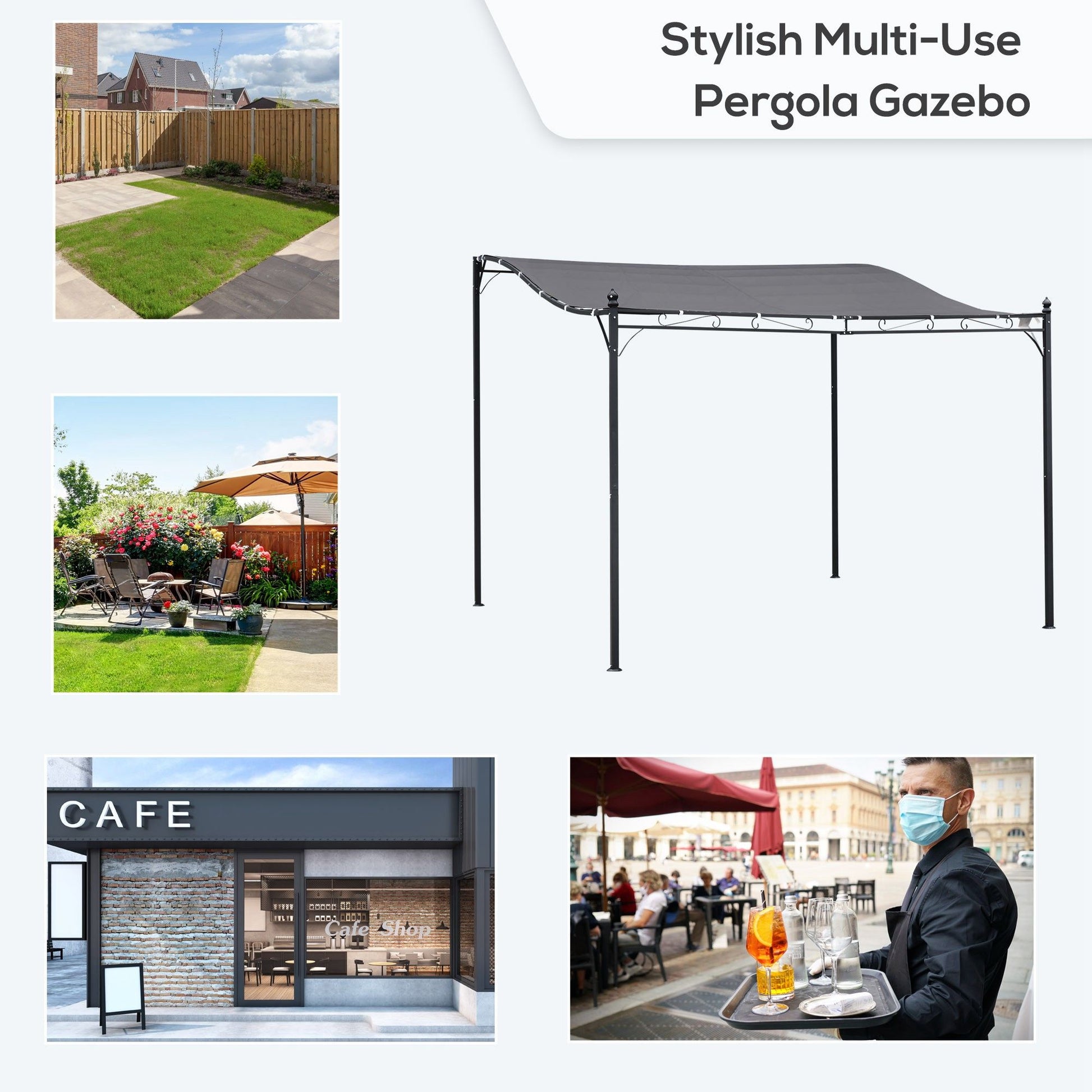 10' x 10' Gray Steel Outdoor Pergola – Patio Canopy with Weather-Resistant Fabric, Drainage Holes, Powder-Coated Steel Frame for Backyard & Pool Deck