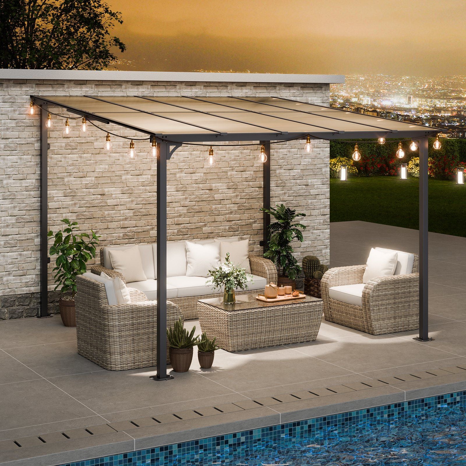 10' x 10' Lean-To Pergola – Sloping Roof, Metal Frame, Hard Top Gazebo for Patio