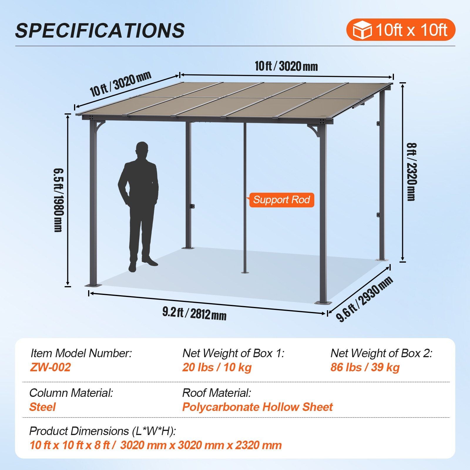 10' x 10' Lean-To Pergola – Sloping Roof, Metal Frame, Hard Top Gazebo for Patio