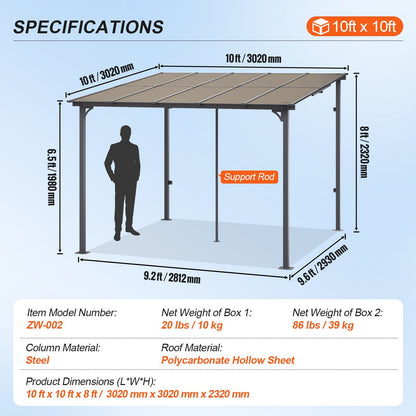 10' x 10' Lean-To Pergola – Sloping Roof, Metal Frame, Hard Top Gazebo for Patio