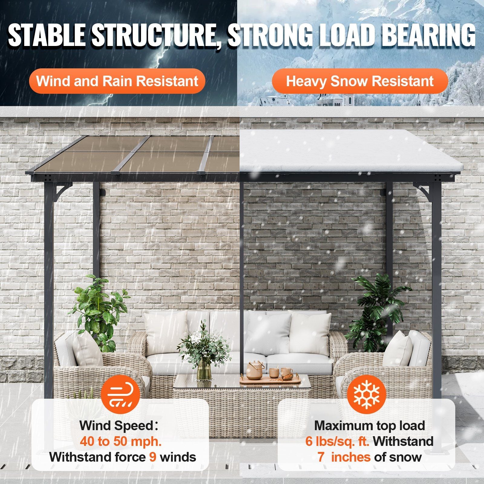 10' x 10' Lean-To Pergola – Sloping Roof, Metal Frame, Hard Top Gazebo for Patio