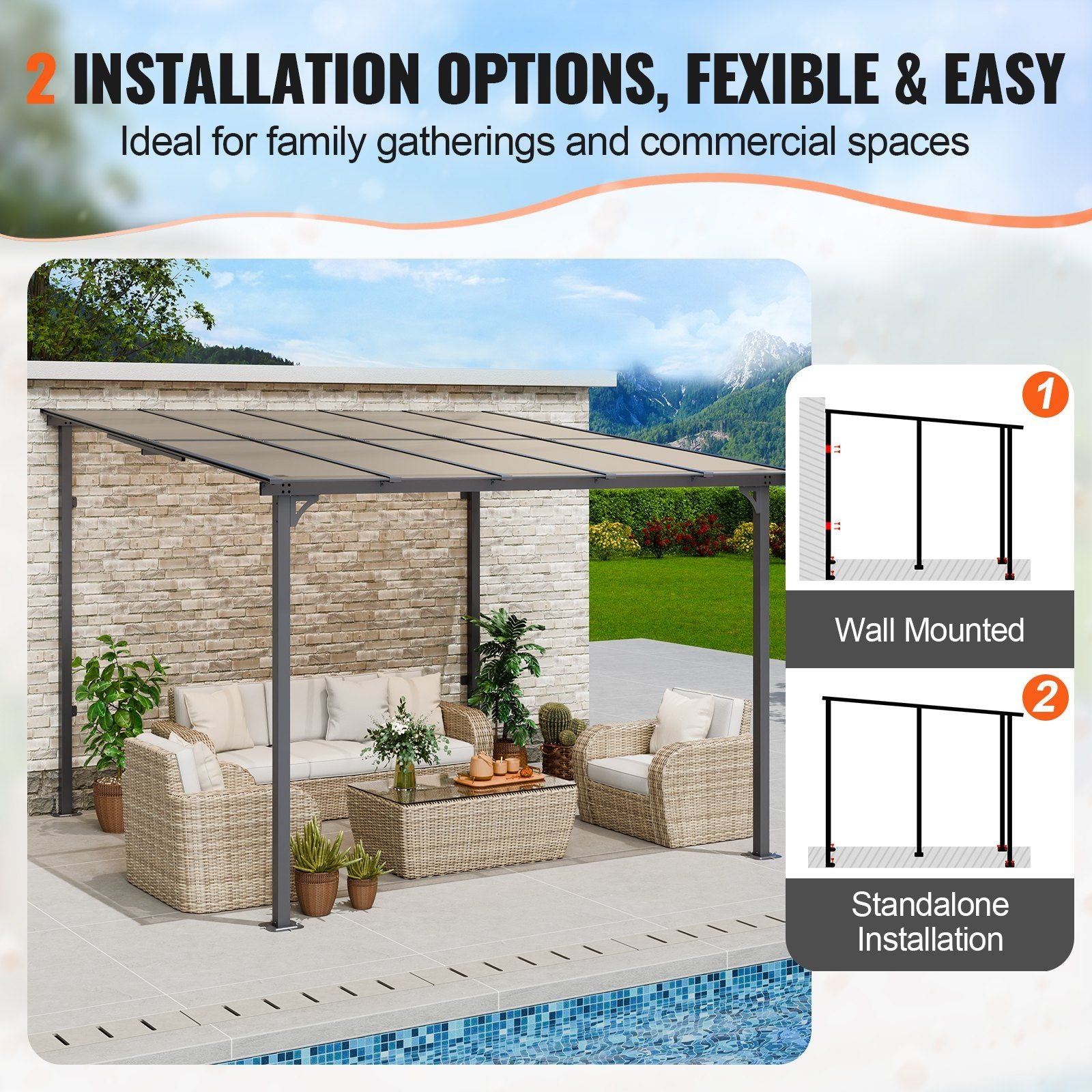 10' x 10' Lean-To Pergola – Sloping Roof, Metal Frame, Hard Top Gazebo for Patio