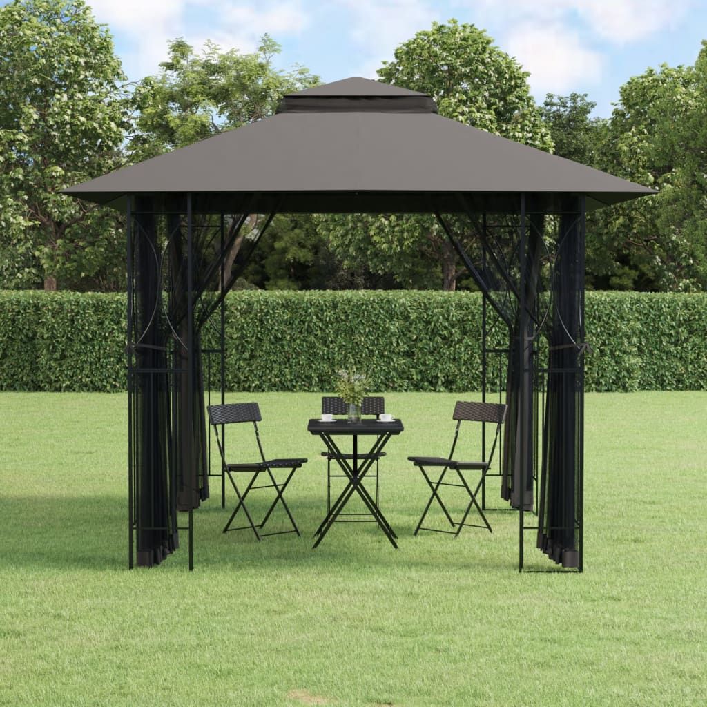 10' x 10' Outdoor Gazebo with Double-Tiered Roof, Steel Frame, Mesh Sidewalls, and PA Coated Polyester Fabric, Anthracite