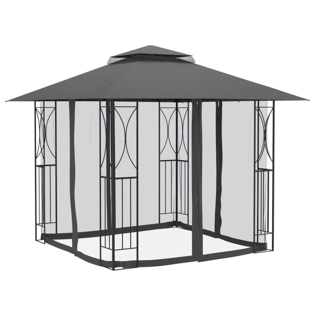 10' x 10' Outdoor Gazebo with Double-Tiered Roof, Steel Frame, Mesh Sidewalls, and PA Coated Polyester Fabric, Anthracite