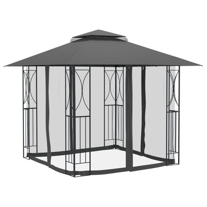 10' x 10' Outdoor Gazebo with Double-Tiered Roof, Steel Frame, Mesh Sidewalls, and PA Coated Polyester Fabric, Anthracite