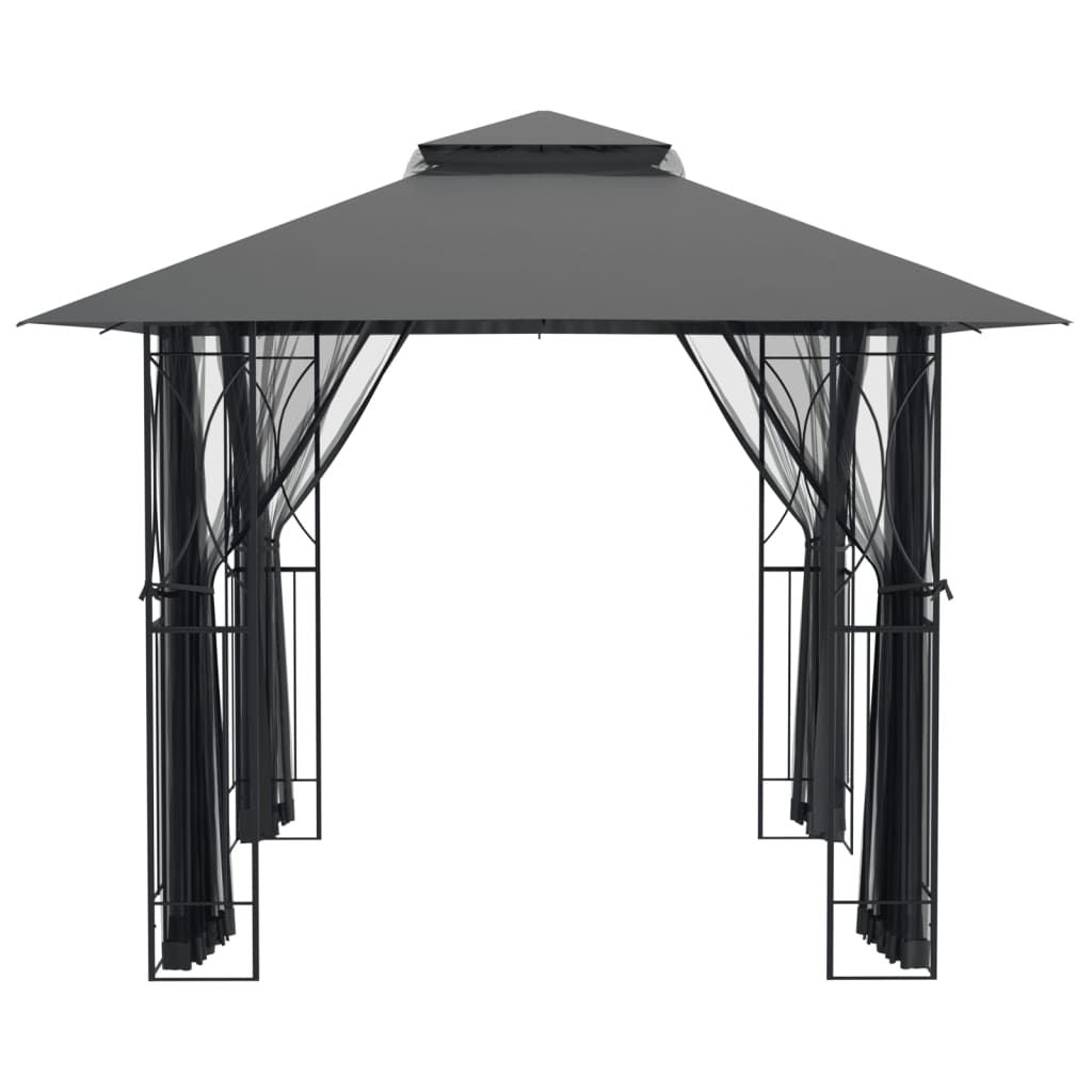 10' x 10' Outdoor Gazebo with Double-Tiered Roof, Steel Frame, Mesh Sidewalls, and PA Coated Polyester Fabric, Anthracite