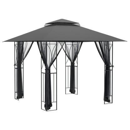 10' x 10' Outdoor Gazebo with Double-Tiered Roof, Steel Frame, Mesh Sidewalls, and PA Coated Polyester Fabric, Anthracite