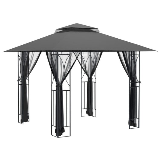 10' x 10' Outdoor Gazebo with Double-Tiered Roof, Steel Frame, Mesh Sidewalls, and PA Coated Polyester Fabric, Anthracite