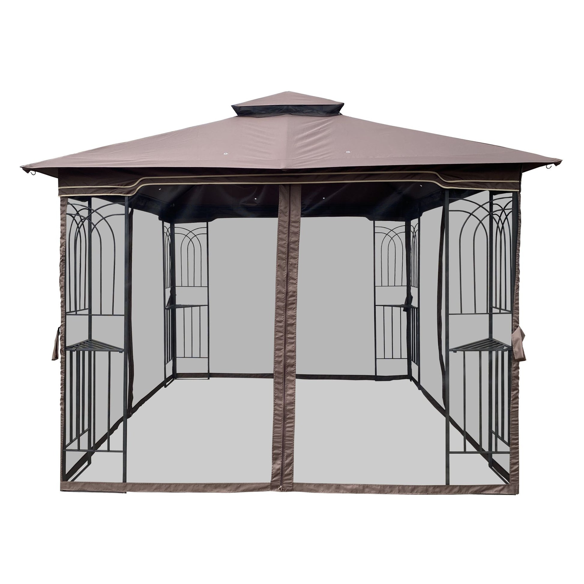 10' x 10' Outdoor Patio Gazebo with Mesh Sidewalls, Ventilated Double Roof, and Detachable Mosquito Net, Suitable for Lawn, Garden, Backyard, and Deck, Brown Top
