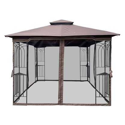 10' x 10' Outdoor Patio Gazebo with Mesh Sidewalls, Ventilated Double Roof, and Detachable Mosquito Net, Suitable for Lawn, Garden, Backyard, and Deck, Brown Top