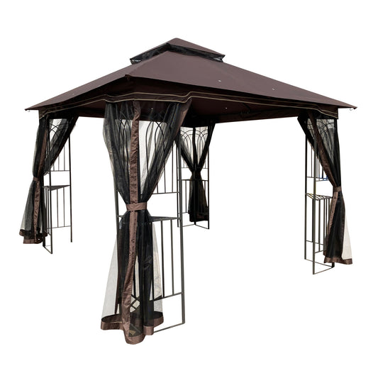 10' x 10' Outdoor Patio Gazebo with Mesh Sidewalls, Ventilated Double Roof, and Detachable Mosquito Net, Suitable for Lawn, Garden, Backyard, and Deck, Brown Top