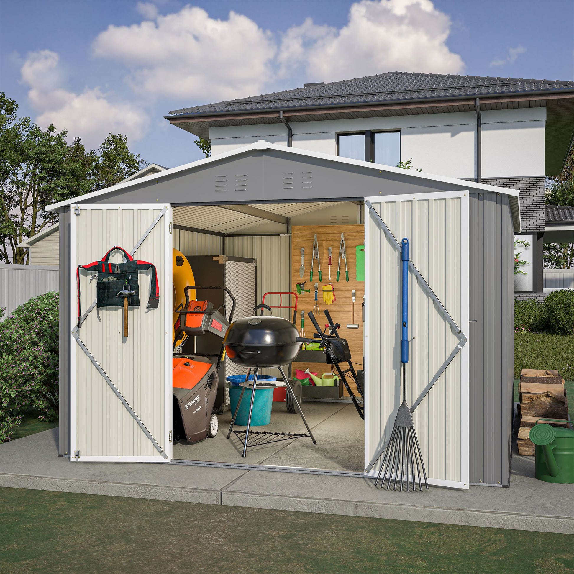 10' x 10' Outdoor Storage Shed, Large Metal Tool Sheds with Updated Frame Structure and Lockable Doors, Garden Shed for Backyard Garden Patio Lawn, Grey