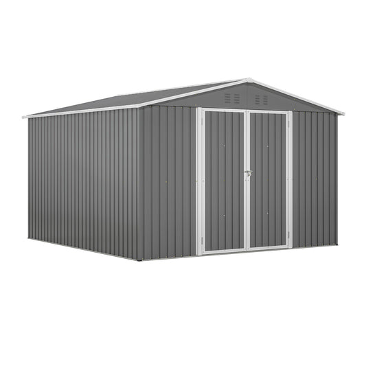 10' x 10' Outdoor Storage Shed, Large Metal Tool Sheds with Updated Frame Structure and Lockable Doors, Garden Shed for Backyard Garden Patio Lawn, Grey