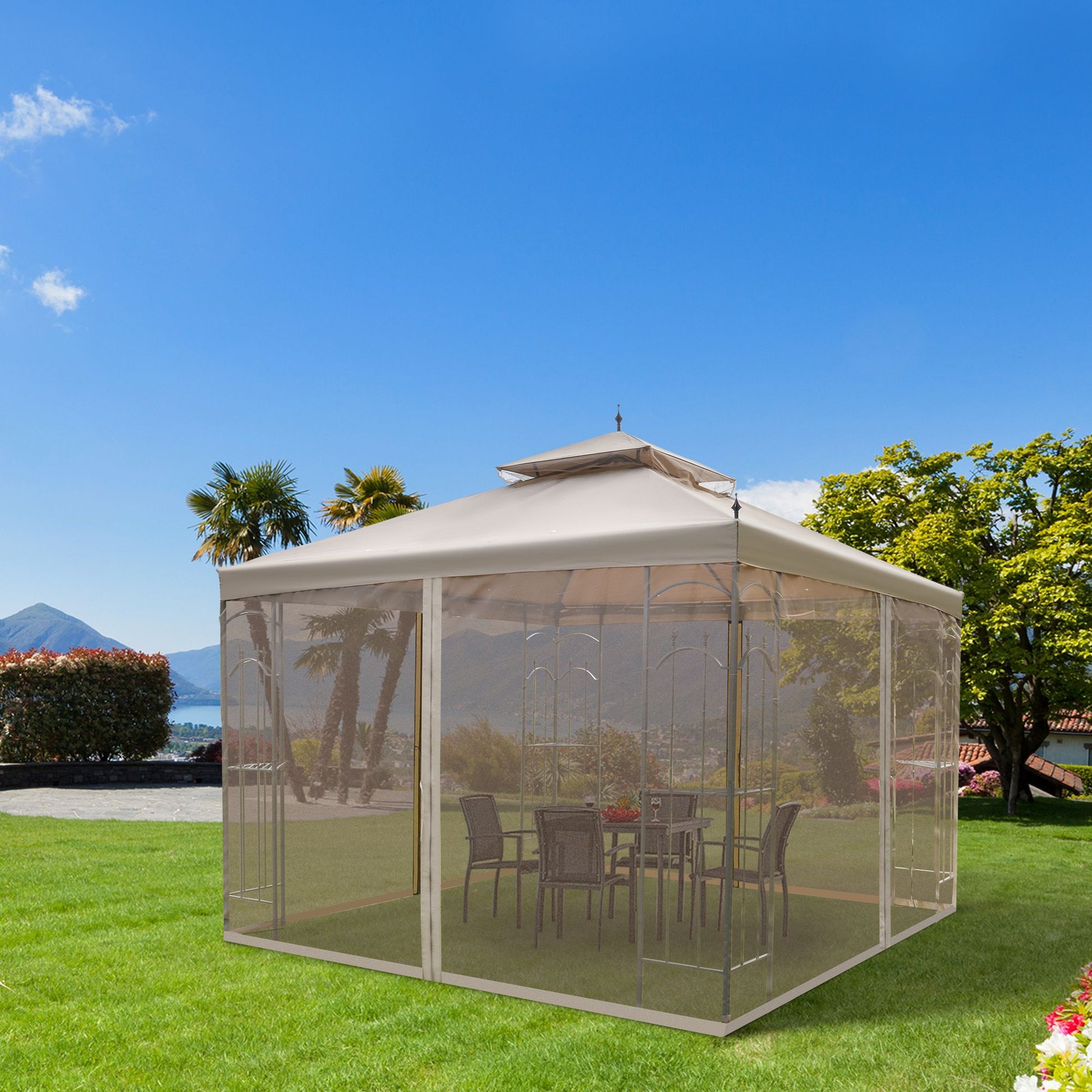 10' x 10' Patio Gazebo with Corner Frame Shelves, Double Roof Outdoor Canopy Shelter with Netting, Ideal for Patio, Weddings, Catering & Events