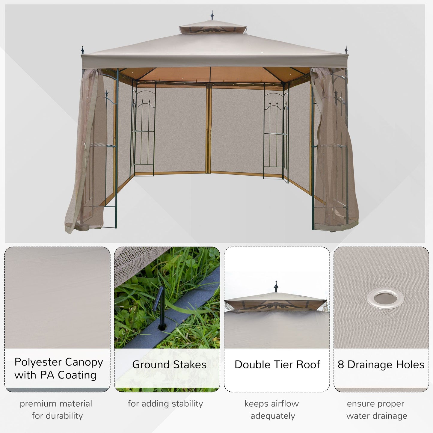 10' x 10' Patio Gazebo with Corner Frame Shelves, Double Roof Outdoor Canopy Shelter with Netting, Ideal for Patio, Weddings, Catering & Events