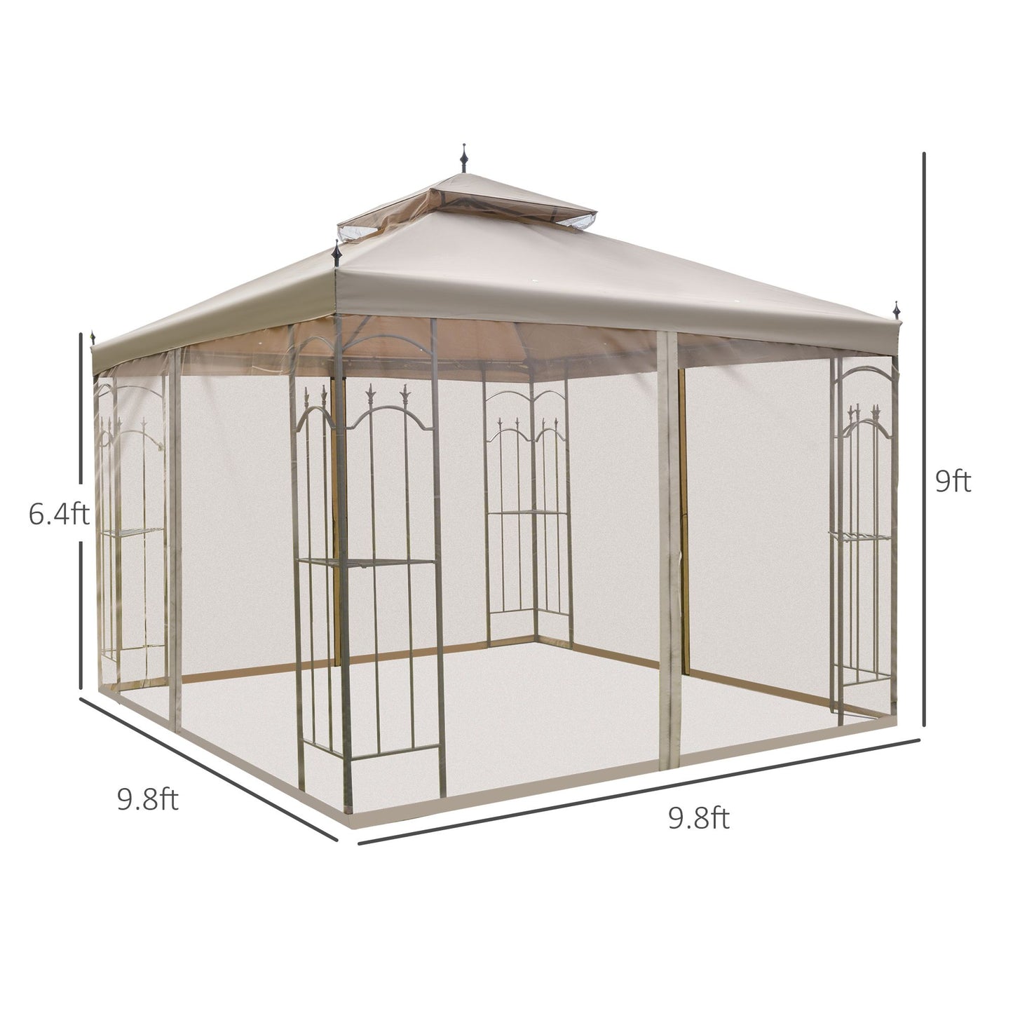10' x 10' Patio Gazebo with Corner Frame Shelves, Double Roof Outdoor Canopy Shelter with Netting, Ideal for Patio, Weddings, Catering & Events