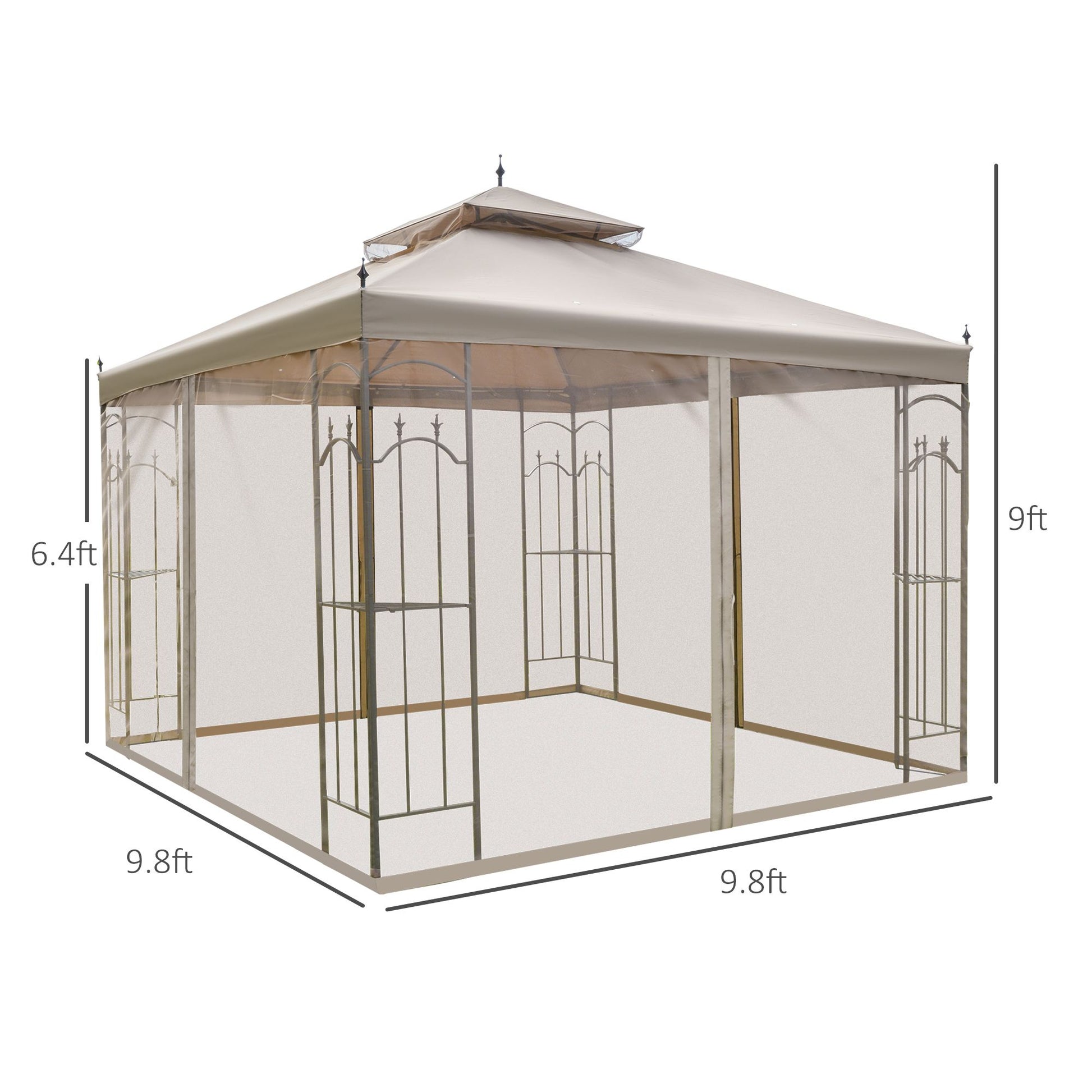 10' x 10' Patio Gazebo with Corner Frame Shelves, Double Roof Outdoor Canopy Shelter with Netting, Ideal for Patio, Weddings, Catering & Events