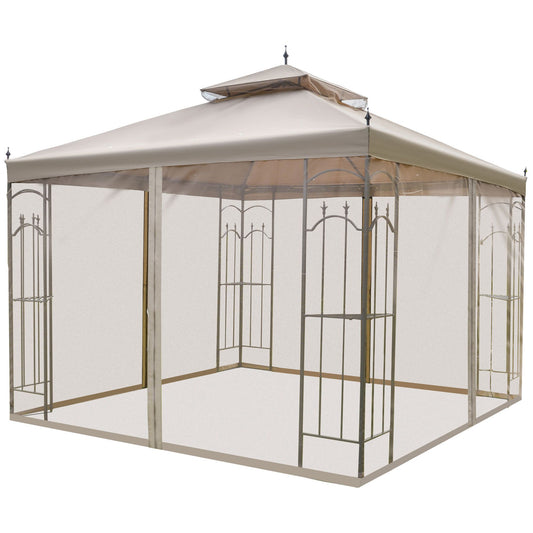10' x 10' Patio Gazebo with Corner Frame Shelves, Double Roof Outdoor Canopy Shelter with Netting, Ideal for Patio, Weddings, Catering & Events