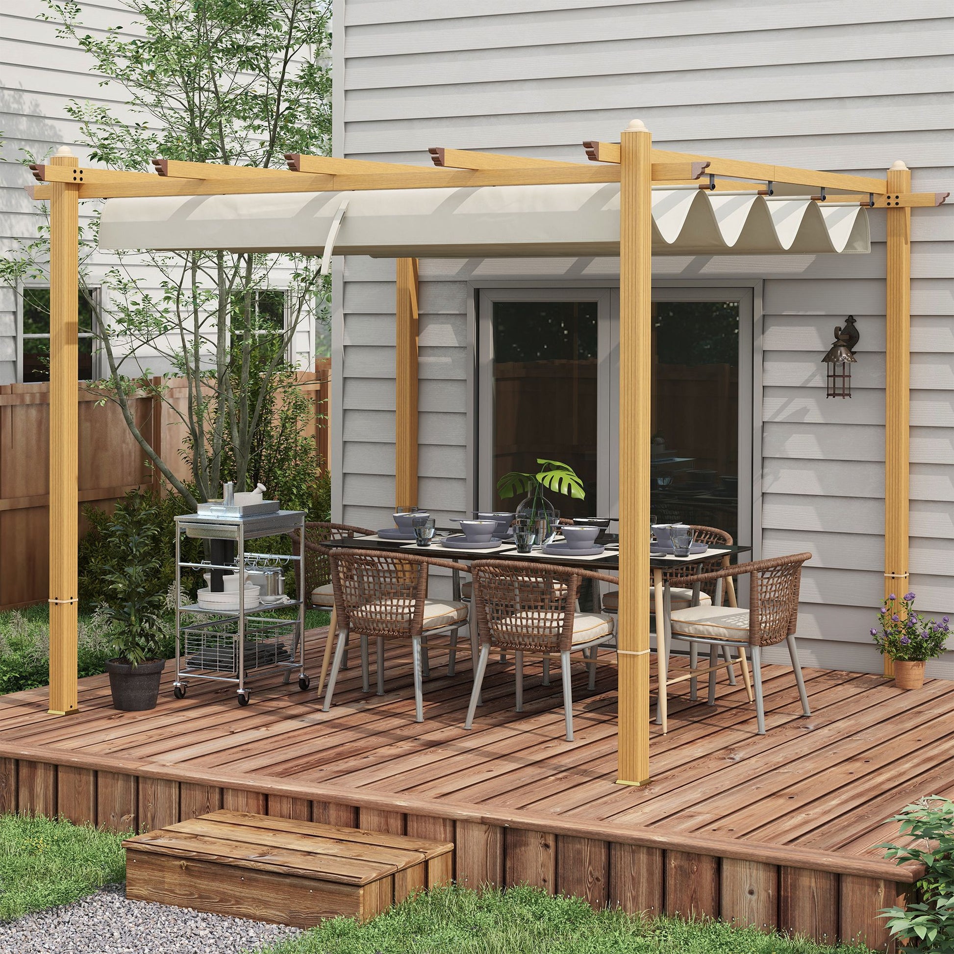 10' x 10' Retractable Pergola – Wood Grain Aluminum Frame, Outdoor Sun Shade Shelter for Grill, Garden, Patio, Cream White