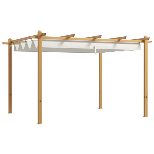 10' x 10' Retractable Pergola – Wood Grain Aluminum Frame, Outdoor Sun Shade Shelter for Grill, Garden, Patio, Cream White