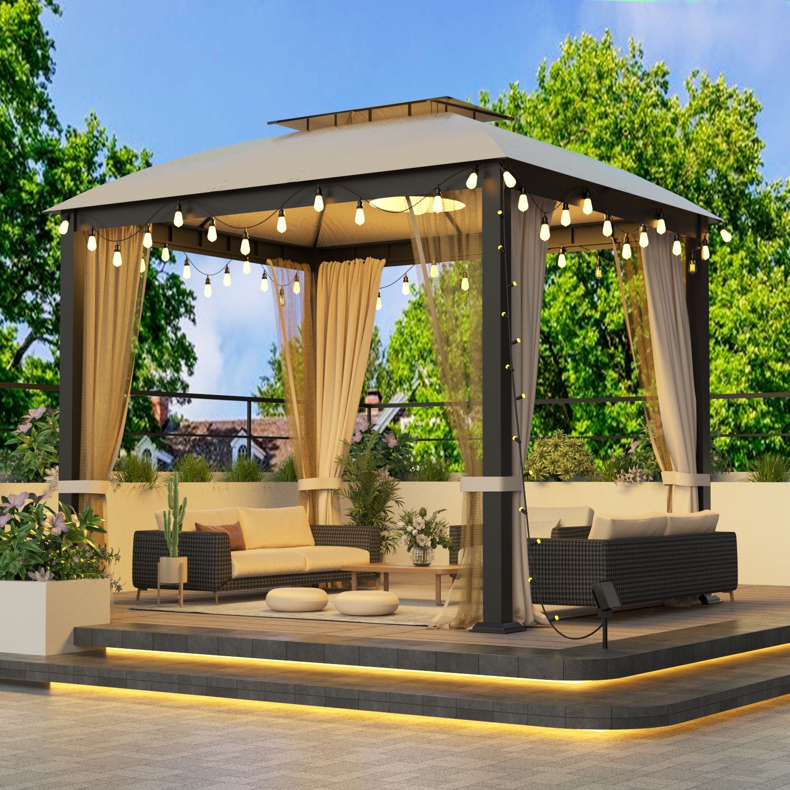 10' x 10' Soft-Top Metal Gazebo with Double Roof, Mosquito Net, and Sunshade Curtains for Patio, Garden, or Backyard