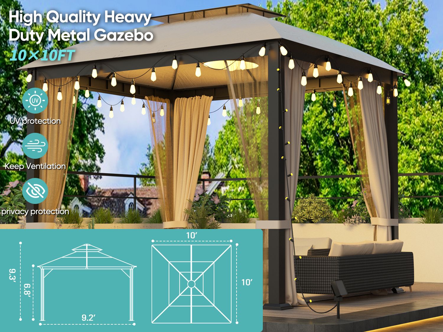 10' x 10' Soft-Top Metal Gazebo with Double Roof, Mosquito Net, and Sunshade Curtains for Patio, Garden, or Backyard