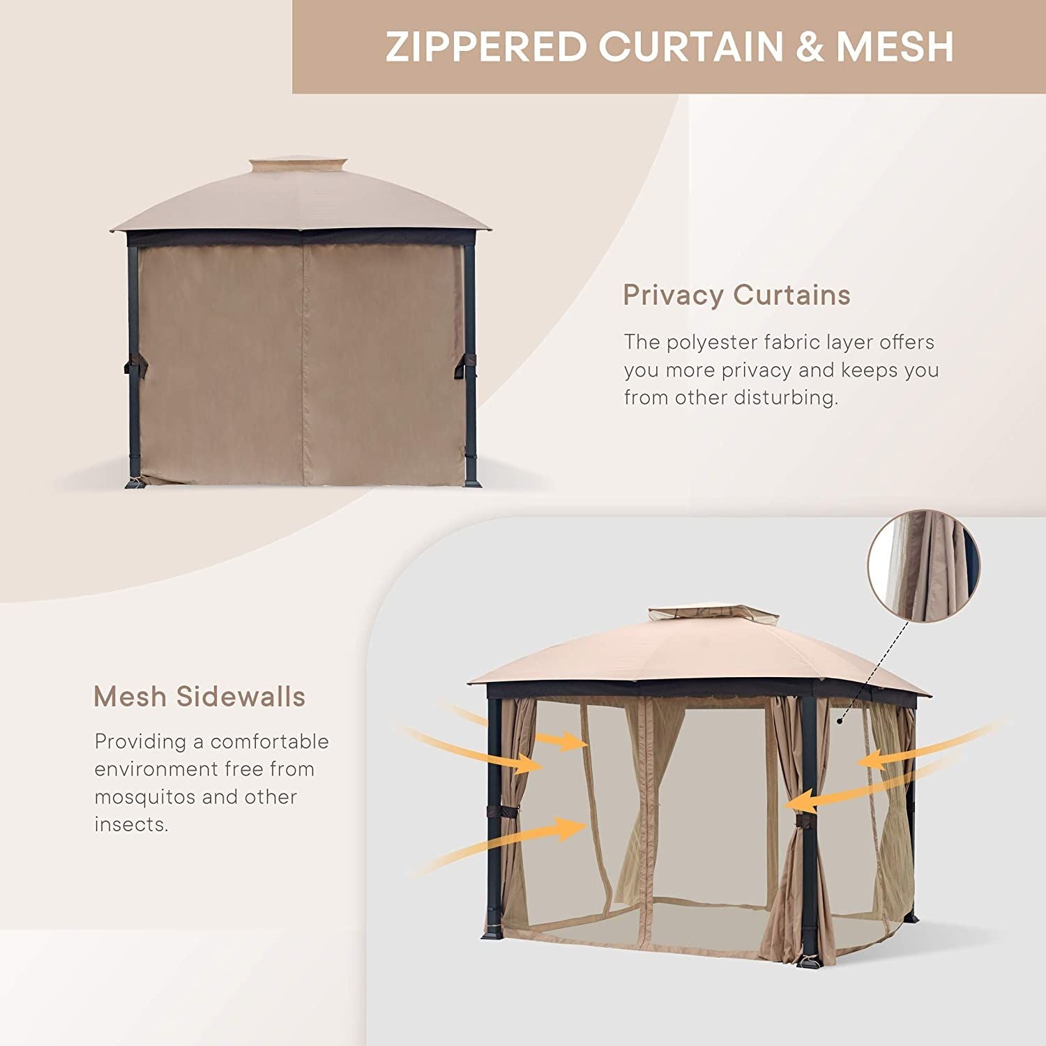 10' x 10' Soft-Top Metal Gazebo with Double Roof, Mosquito Net, and Sunshade Curtains for Patio, Garden, or Backyard
