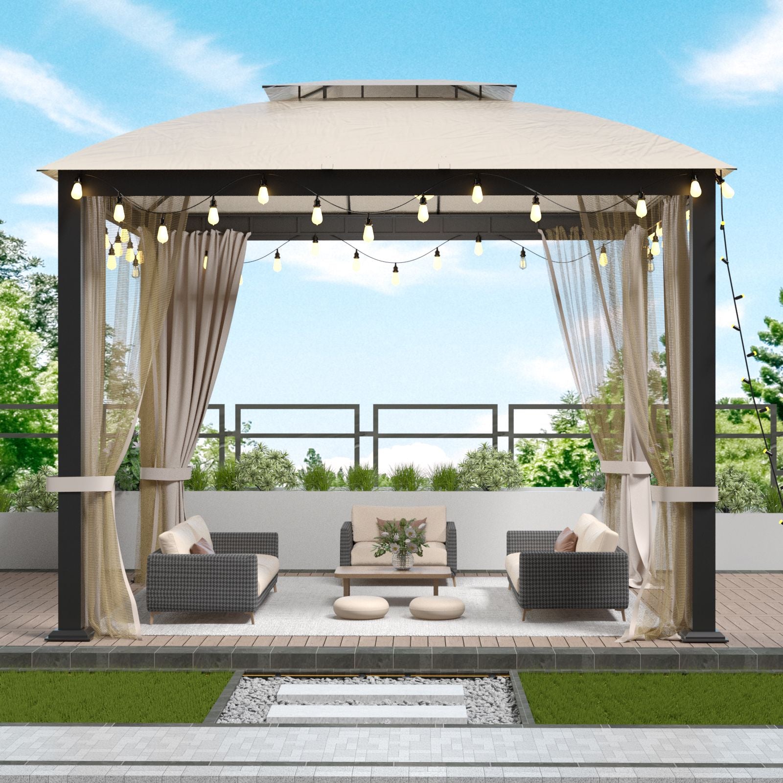 10' x 10' Soft-Top Metal Gazebo with Double Roof, Mosquito Net, and Sunshade Curtains for Patio, Garden, or Backyard