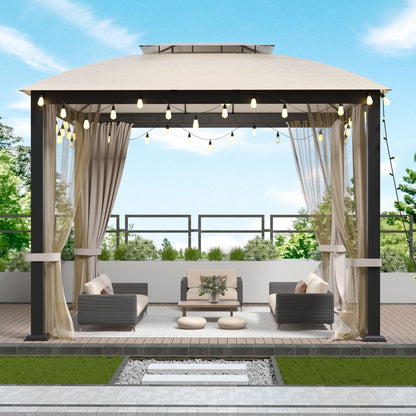 10' x 10' Soft-Top Metal Gazebo with Double Roof, Mosquito Net, and Sunshade Curtains for Patio, Garden, or Backyard