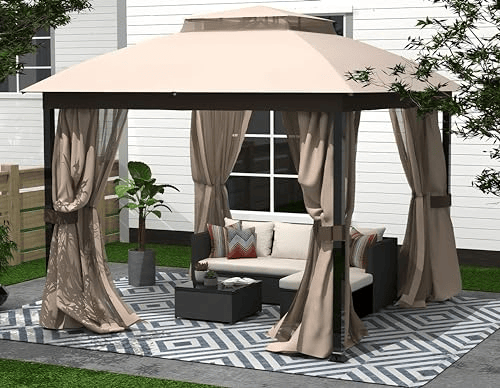 10' x 10' Soft-Top Metal Gazebo with Double Roof, Mosquito Net, and Sunshade Curtains for Patio, Garden, or Backyard