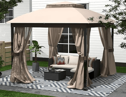 10' x 10' Soft-Top Metal Gazebo with Double Roof, Mosquito Net, and Sunshade Curtains for Patio, Garden, or Backyard