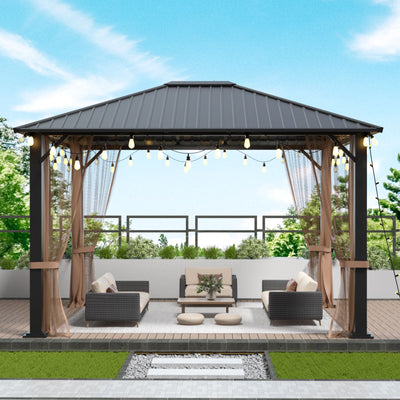 10' x 12' Hardtop Metal Gazebo, Heavy Duty Galvanized Steel Pergola with Mosquito Nets, Sturdy Outdoor Canopy for Gardens, Patios, and Backyards