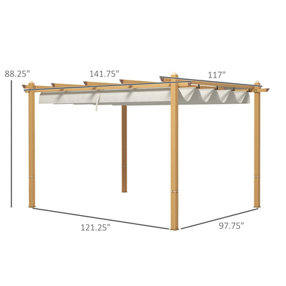 10' x 12' Retractable Aluminum Patio Pergola – Wood Grain Frame, Outdoor Sun Shade Shelter for Grill, Garden, Patio, Cream White