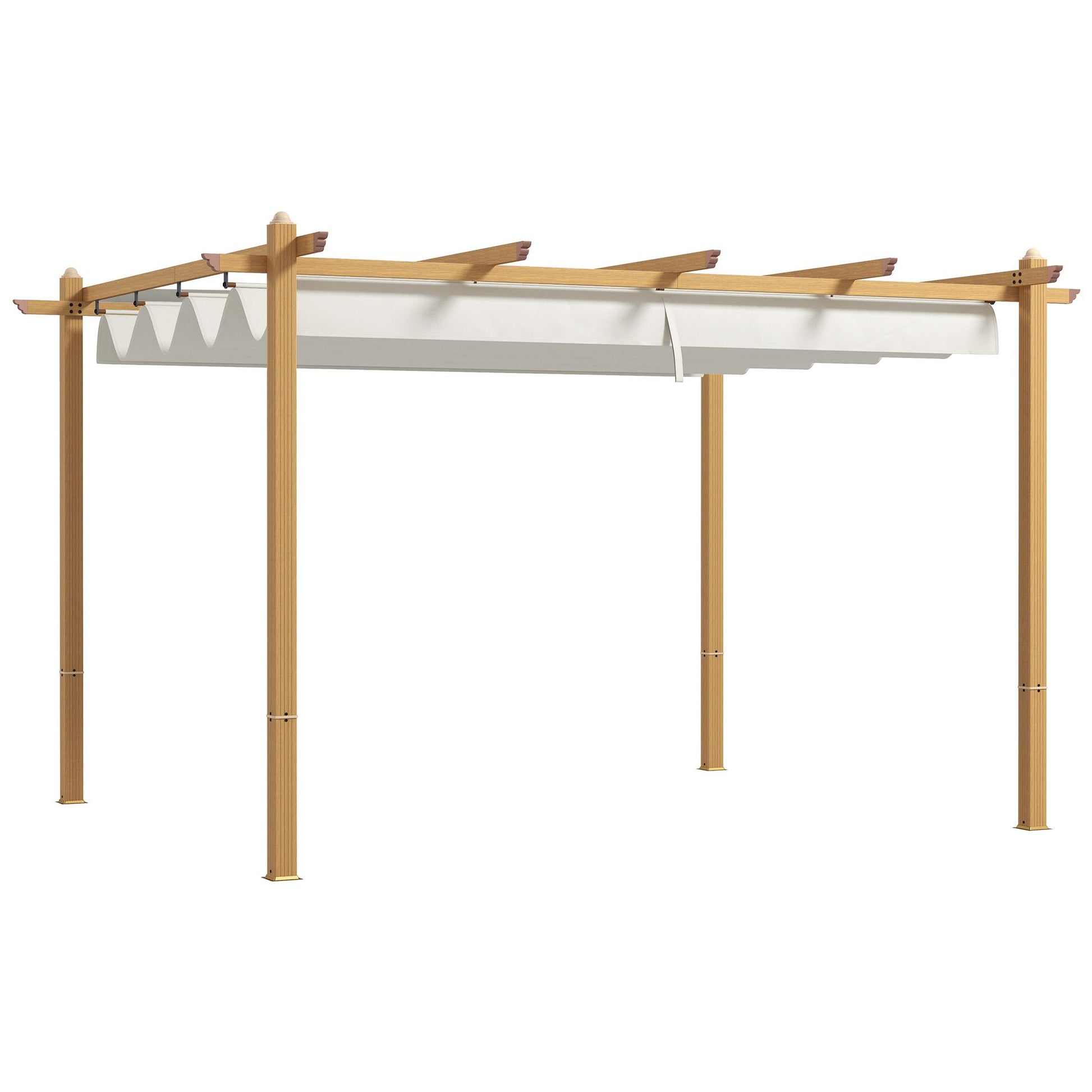 10' x 12' Retractable Aluminum Patio Pergola – Wood Grain Frame, Outdoor Sun Shade Shelter for Grill, Garden, Patio, Cream White