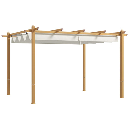 10' x 12' Retractable Aluminum Patio Pergola – Wood Grain Frame, Outdoor Sun Shade Shelter for Grill, Garden, Patio, Cream White