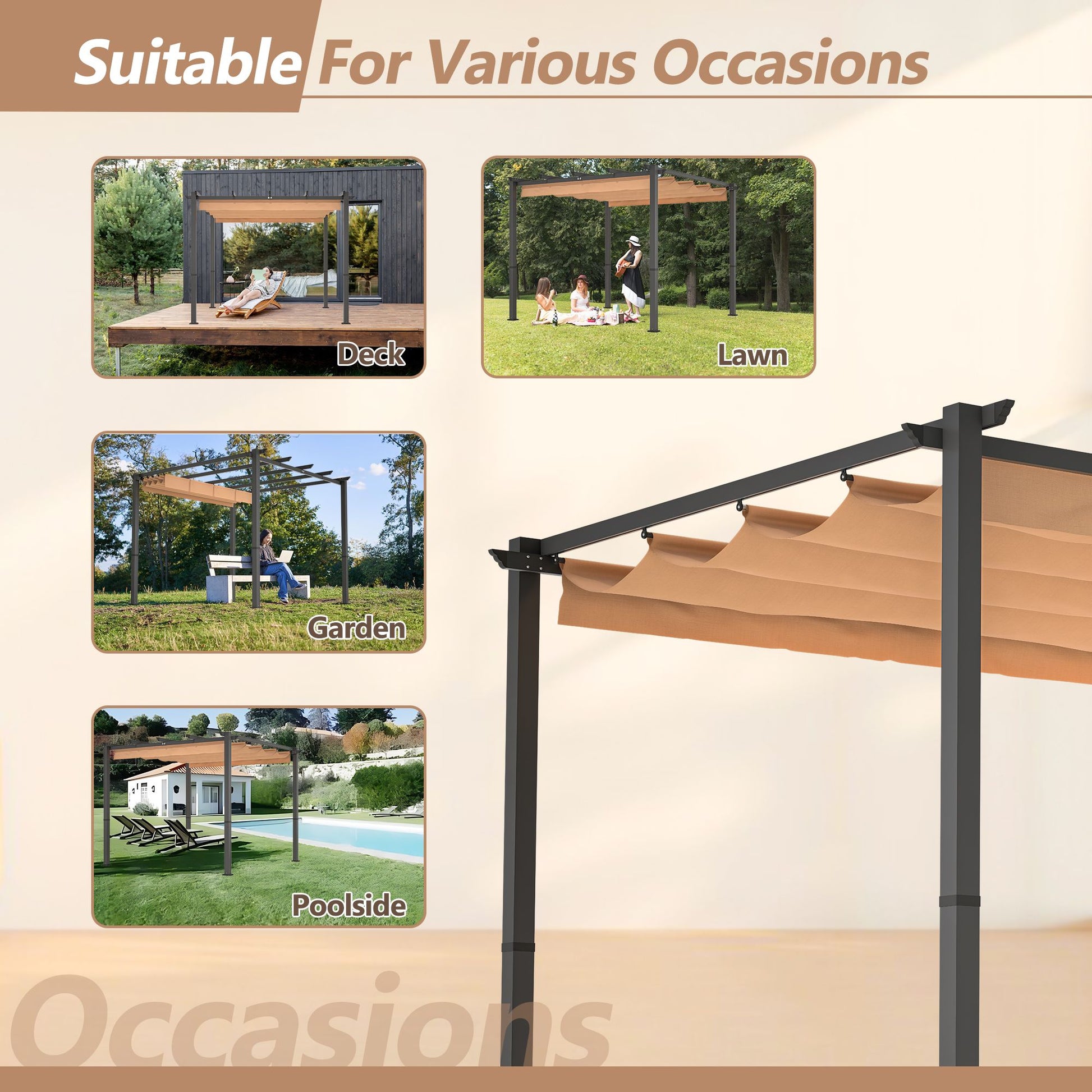 10' x 13' Aluminum Patio Pergola – Retractable Canopy, Backyard Shade Shelter for Porch, Outdoor Party, Garden, Grill Gazebo